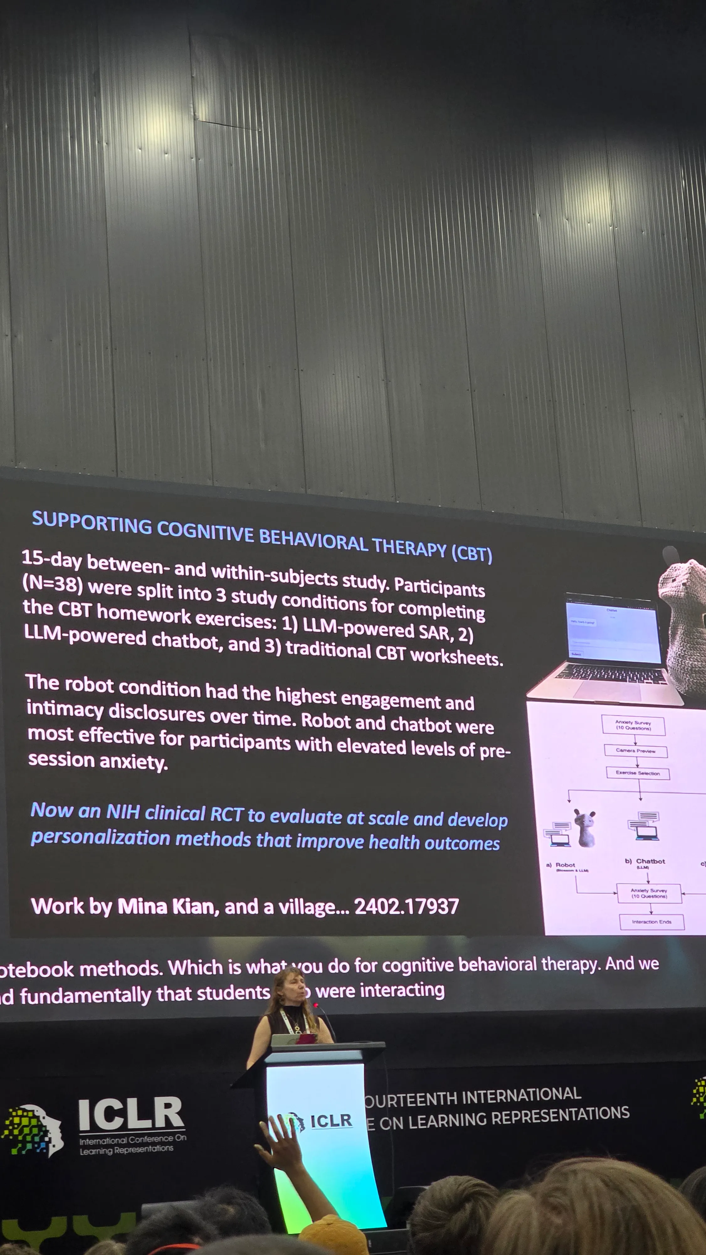 Slide titled Supporting Cognitive Behavioral Therapy. Describes a 15-day study, N=38, three conditions comparing an LLM-powered SAR, an LLM-powered chatbot, and traditional CBT worksheets.