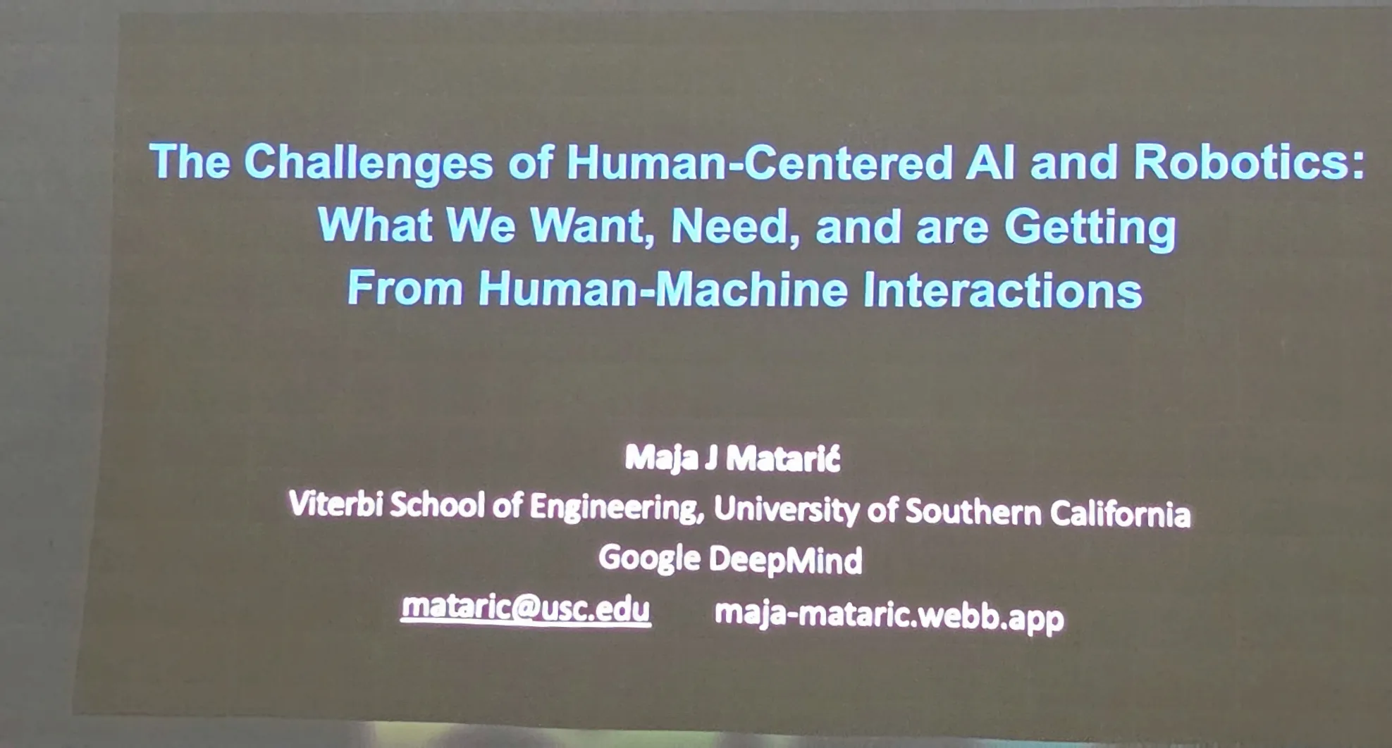 Title slide: The Challenges of Human-Centered AI and Robotics, Maja J. Mataric, USC Viterbi and Google DeepMind.